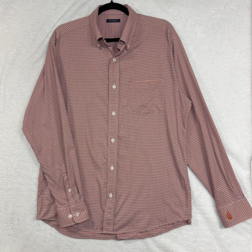 Turtleson L Orange Blue Micro Check Performance Button Down Shirt Pinecone‎ Logo
